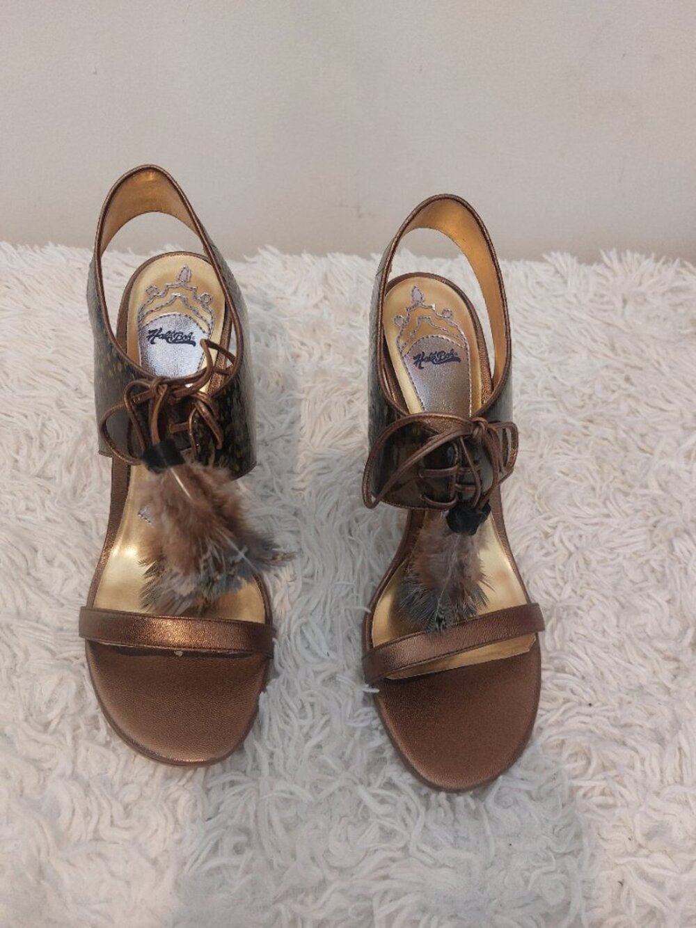 Hale Bob "Shaina" Feather & Metallic Heeled Sandals - Size 8